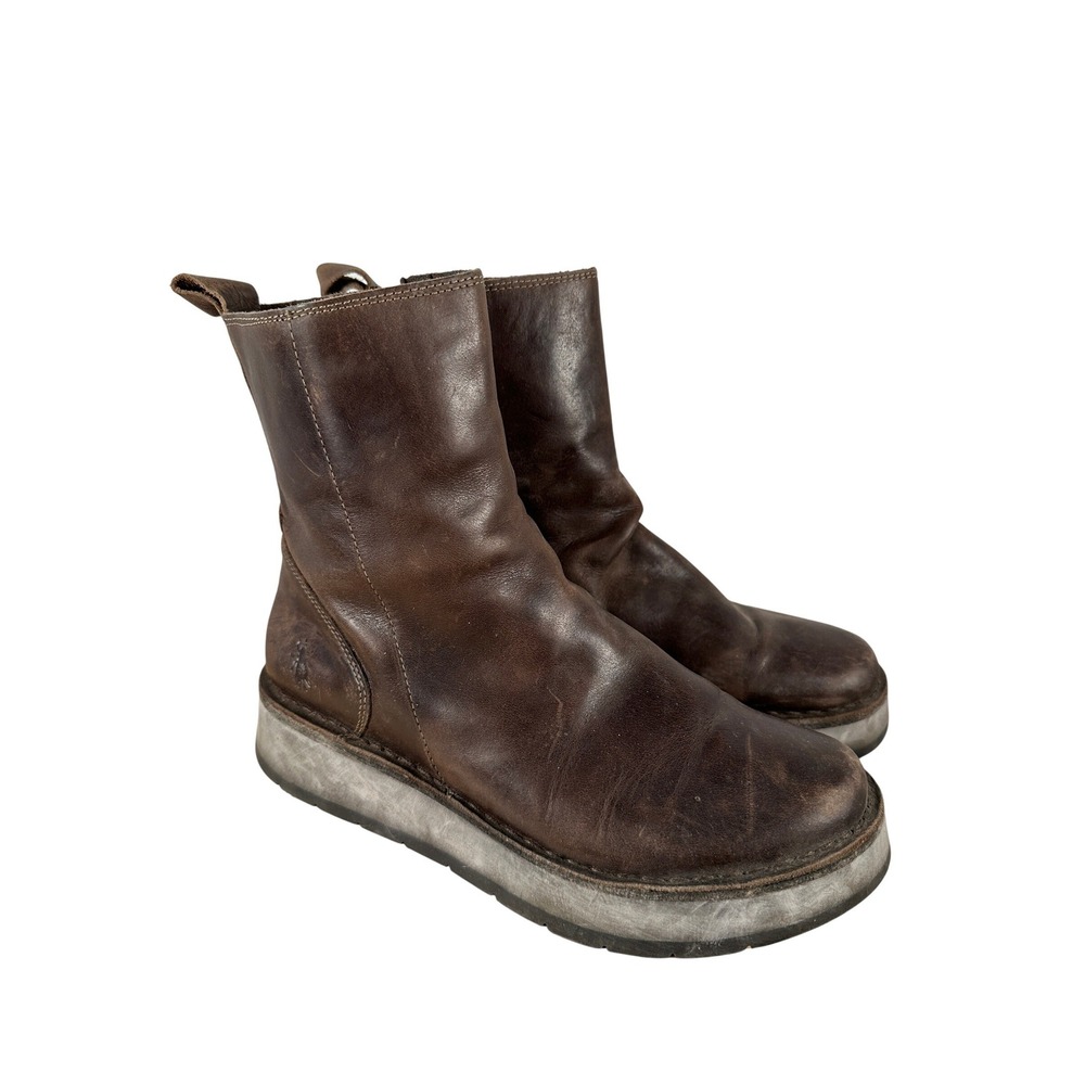 Fly London Brown Leather Platform Distressedโ Boots Side Zip Grunge US 7.5/38